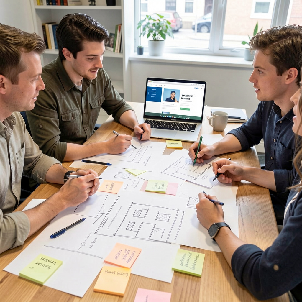 Web development team collaborating on small business website project