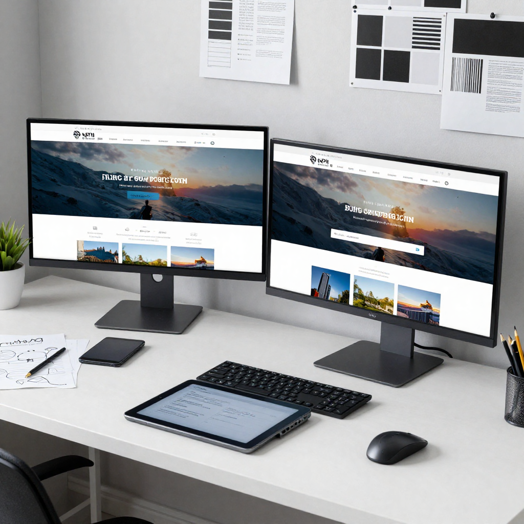 Professional web design workspace with creative tools and planning materials